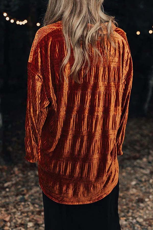 Hiosd Velvet Pleated Button Down Long Sleeve Shirt