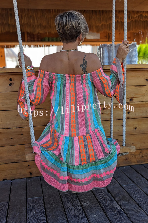 Friendly Shores Linen Blend Ethnic Print Off Shoulder Loose Mini Dress