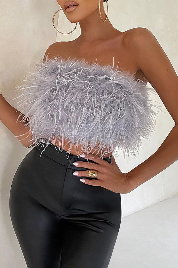 Fancy Night Out Off Shoulder Feather Crop Top