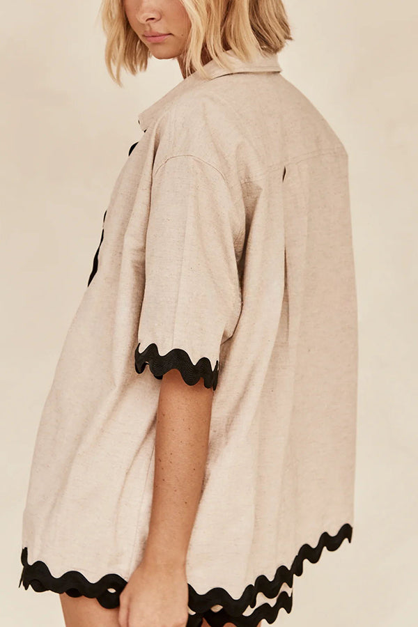 Harry Waved Trim Button Loose Shirt and Elastic Waist Pocketed Shorts Set