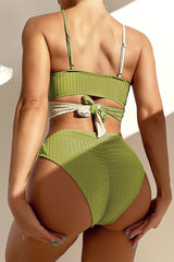 Color Block Thick Pit Strip Cross Strap High Waist Bikini