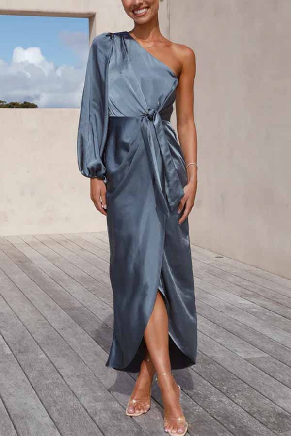 Endearing Romance Satin One Shoulder Front Tie Up Slit Maxi Dress