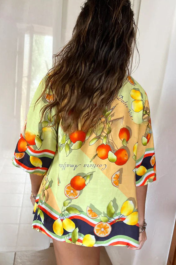 Fruity Citrus Linen Blend Printed Button Down Vacation Blouse