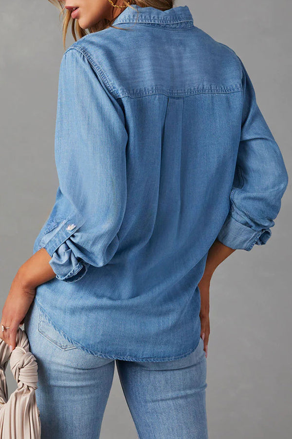 Krissy Denim Pocketed Button Down Relaxed Blouse