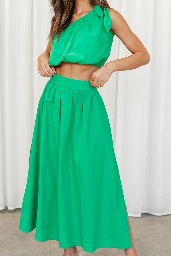 Chasing Sunshine Tie One Shoulder Pocketed Midi Skirt Set