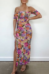 Perfect Guest Look Floral Off Shoulder Ruched Slit Maxi Dress