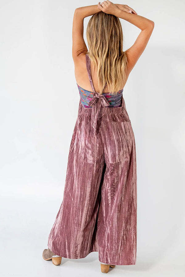 Comfy and Cute Velvet Tie-Back Pocketed Wide Leg Overalls