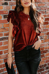 Chic Reveal Ribbed Velvet Ruffle Sleeve Top