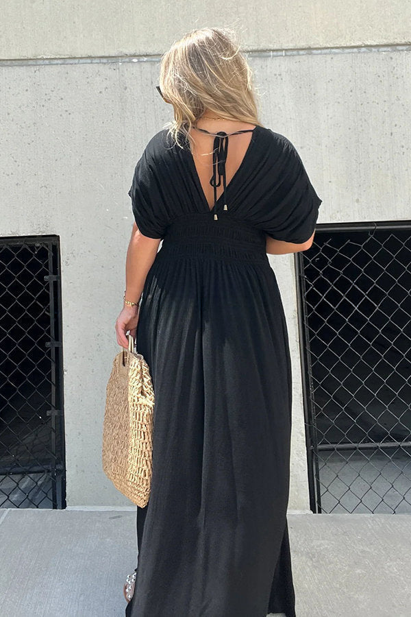 My Treasure Kimono Sleeve Pocketed Smoke Detail Slit Maxi Dress