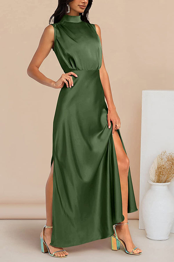 The Story of Us Satin High Neck Slit Maxi Dress