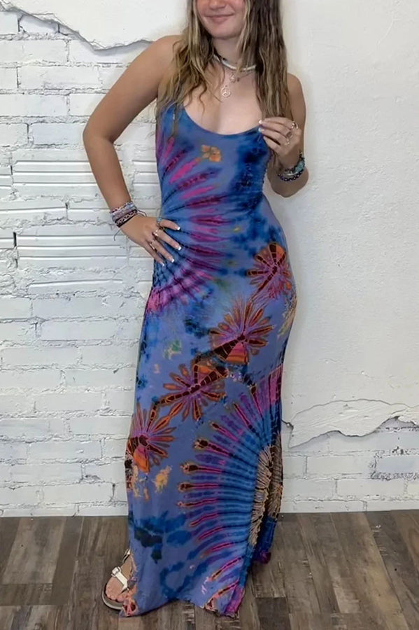 Tuscan Vibes Tie-dye Print Back Lace-up Slit Stretch Maxi Dress