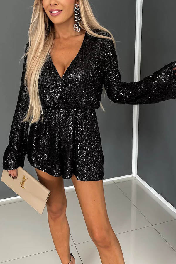 Chic Aspirations Sequin Elastic Waist Wrap Loose Romper