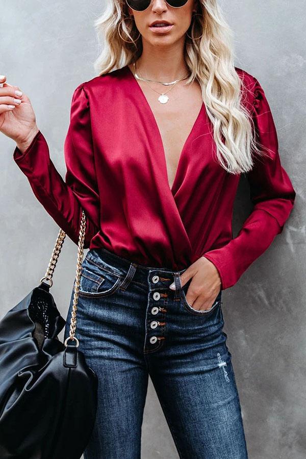 Loose elastic waist sexy V-neck long sleeve shirt