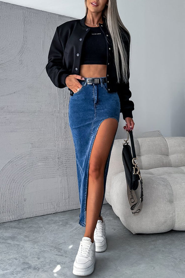 Updated Style Denim High Waisted Slit Irregular Midi Skirt