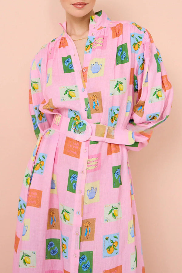 Vacation Essential  Emblem Print Balloon Sleeve Belted Shirt Maxi Dress