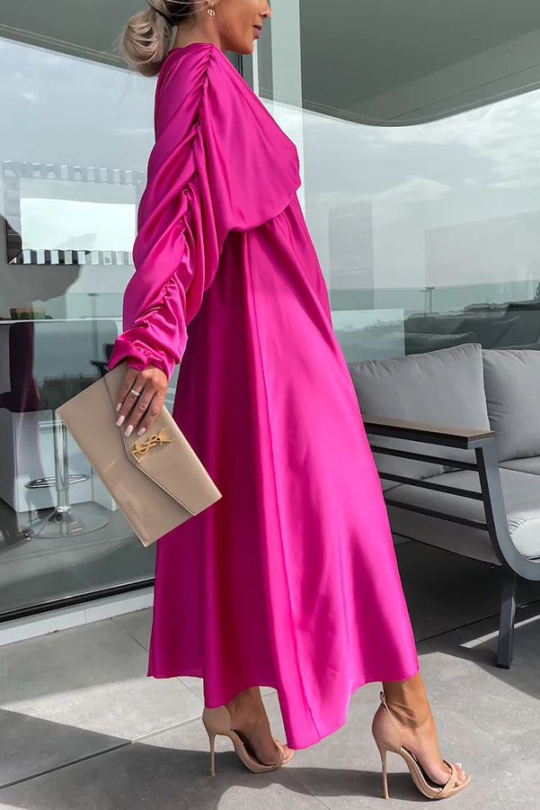 Whisper of A Thrill Satin Ruched Dolman Sleeves Maxi Dress