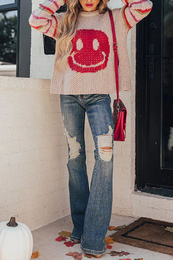 Fall Into Happiness Knit Smiley Face Striped Pullover Sweater