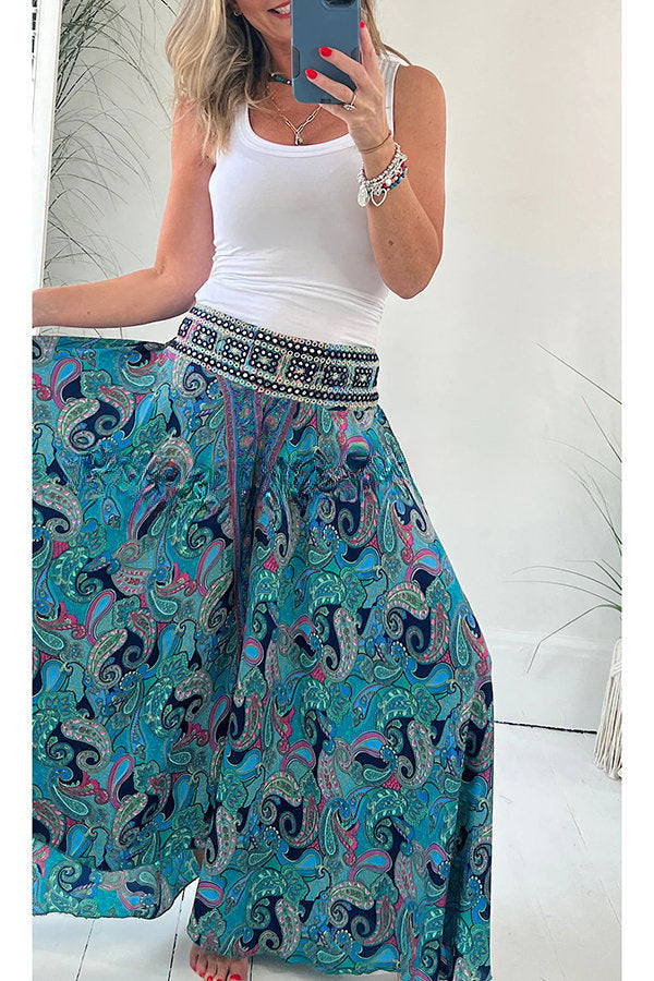 Ethnic Paisley Print Elastic Patchwork Waist Pocketed Lightweight Pants