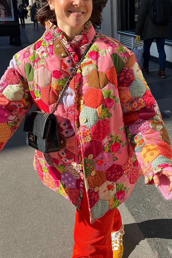 Vintage Roses Patchwork Print Ruffle Trim Quilted Cotton Jacket