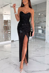 Star of The Night Sequin Off Shoulder Ruched Slit Maxi Dress