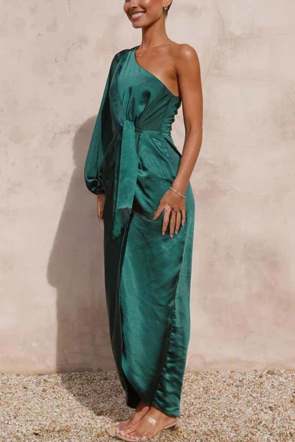 Endearing Romance Satin One Shoulder Front Tie Up Slit Maxi Dress