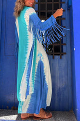 Song of The Vagabond Tie-dye Print Open Front Tassel Duster Cover-up