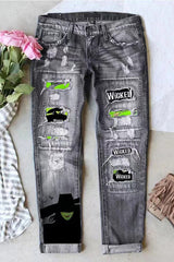 Black Girly Print Zip Button Washed Jeans