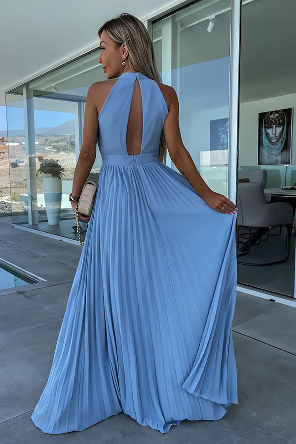 Ella Satin Halter Cutout Neck Backless Pleated Maxi Dress