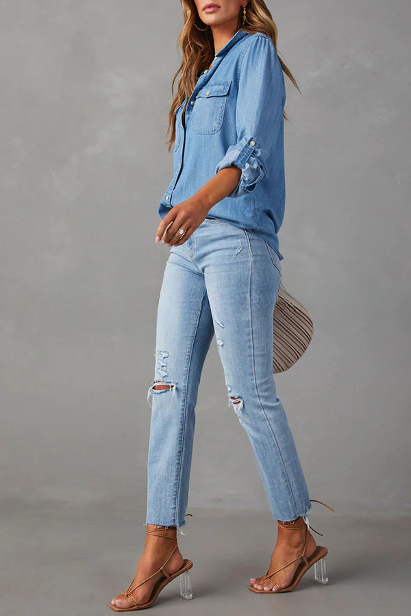 Krissy Denim Pocketed Button Down Relaxed Blouse