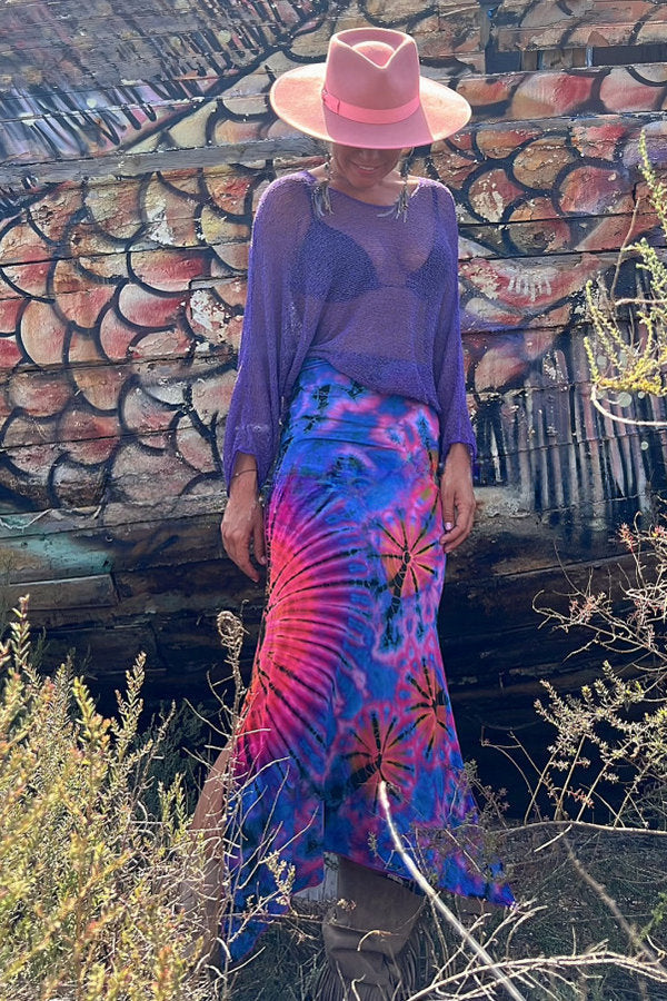 Preston Tie-dye Print Ruched Waist Stretch Slit Maxi Skirt