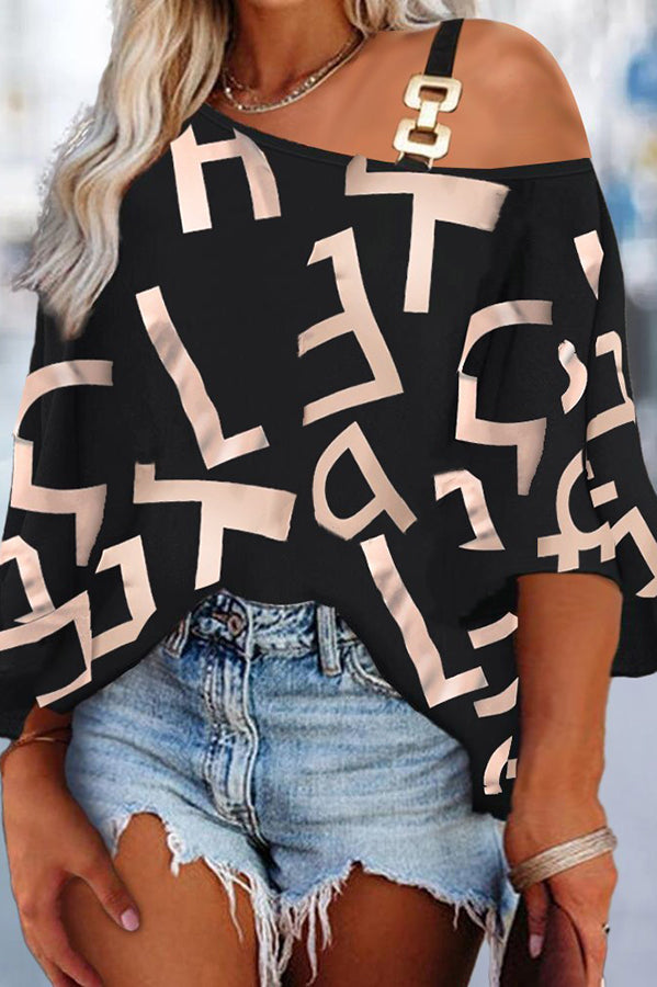 Letter Print Slant Neck Snap Casual Top