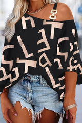 Letter Print Slant Neck Snap Casual Top