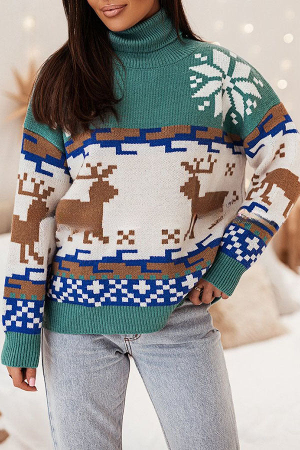 Christmas Reindeer Turtleneck Knitted Long Sleeved Sweater