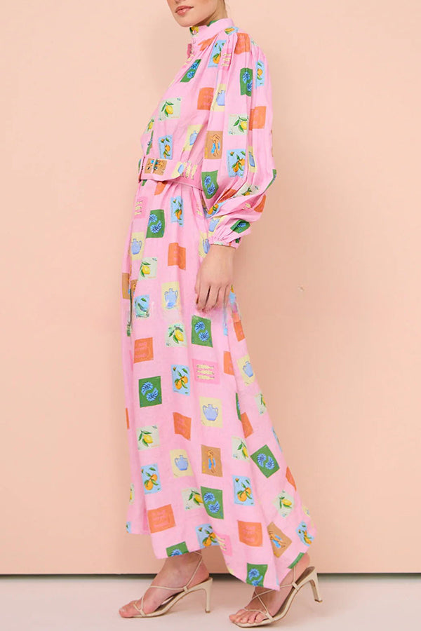 Vacation Essential  Emblem Print Balloon Sleeve Belted Shirt Maxi Dress