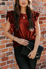 Chic Reveal Ribbed Velvet Ruffle Sleeve Top