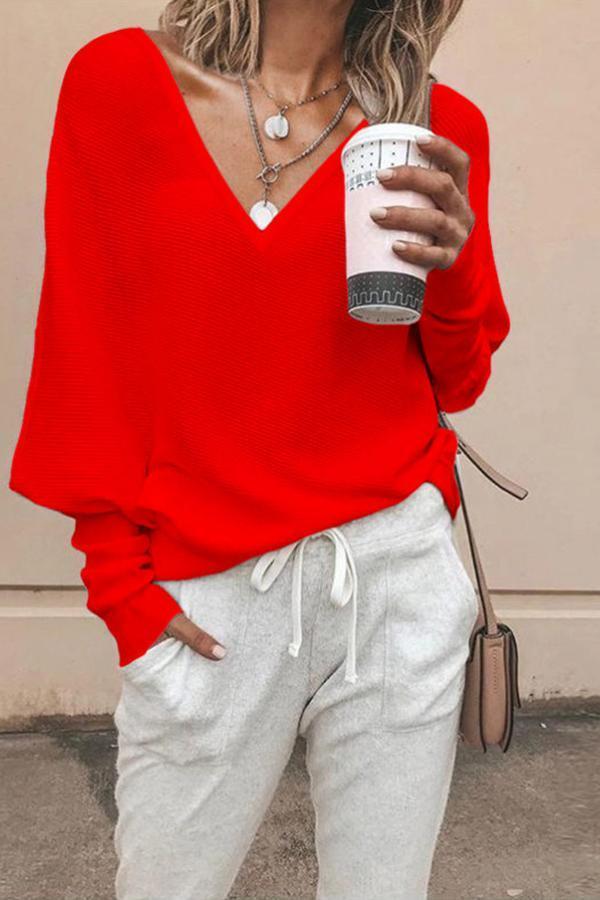 V-neck Solid Color Blouse