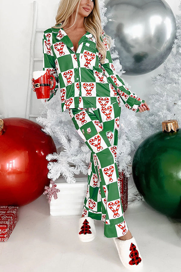 On Christmas Morning Candy Cane Printed Elastic Waist Pocketed Pajama Set