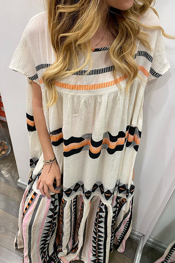 Vacation Feeling Linen Blend Ethnic Style Printed Loose Maxi Dress