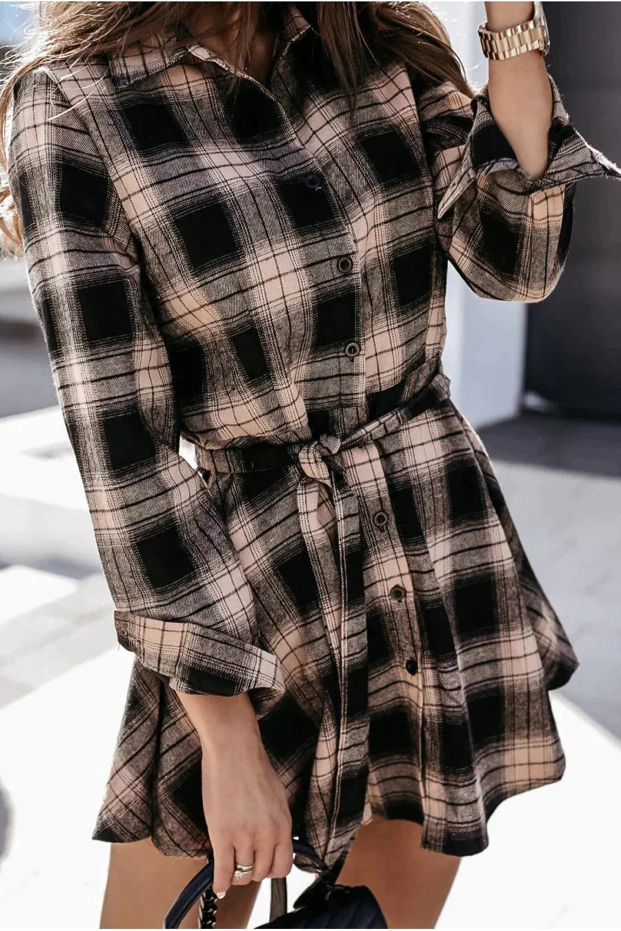 V Neck Plaid Shirt Dress