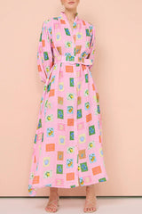 Vacation Essential  Emblem Print Balloon Sleeve Belted Shirt Maxi Dress