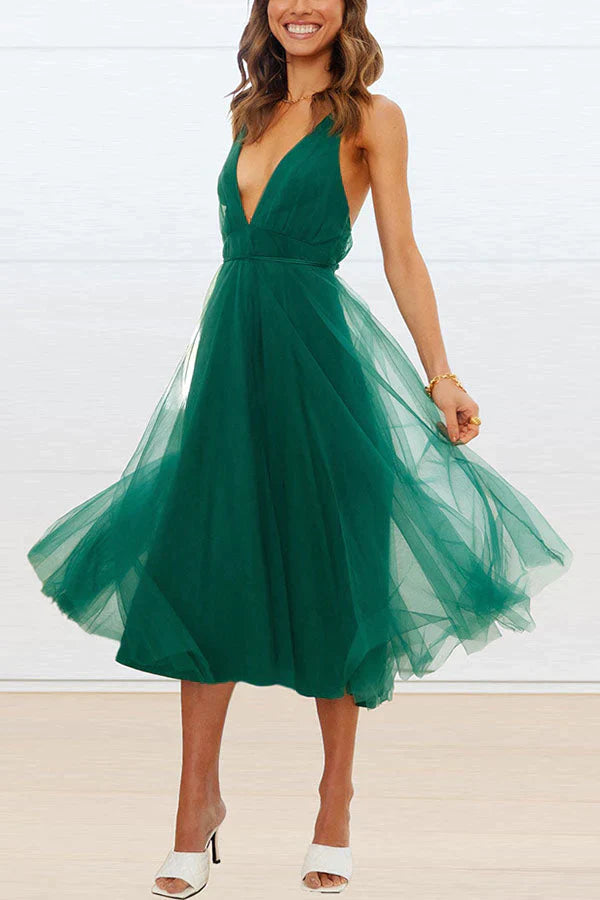 Feeling Romantic V Neck Tulle Midi Dress