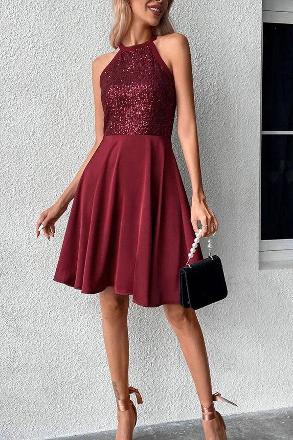 Lean Into Me Sequin Patchwork Solid Color Mini Dress