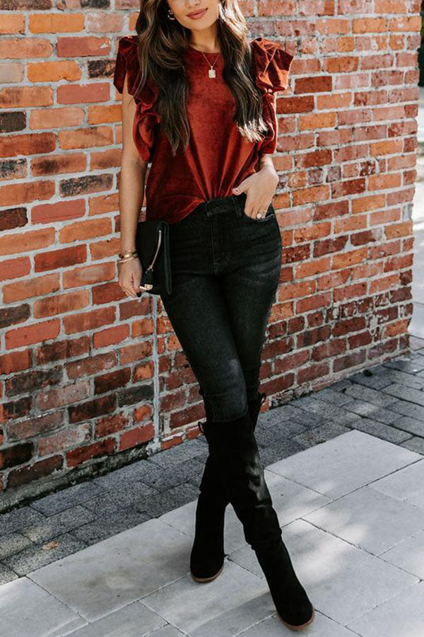 Chic Reveal Ribbed Velvet Ruffle Sleeve Top