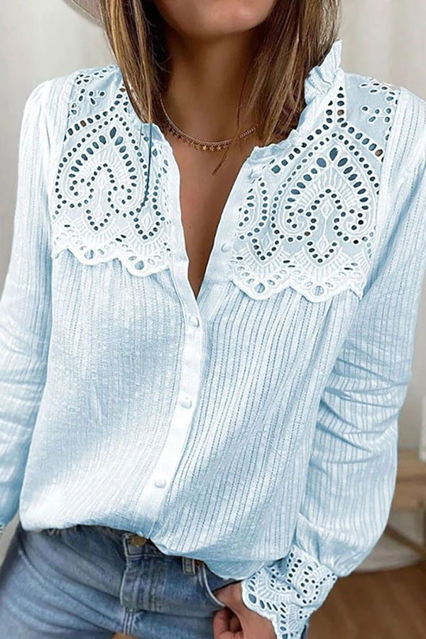 Fulfilled Heart Lace Button Ruffle Neck Blouse