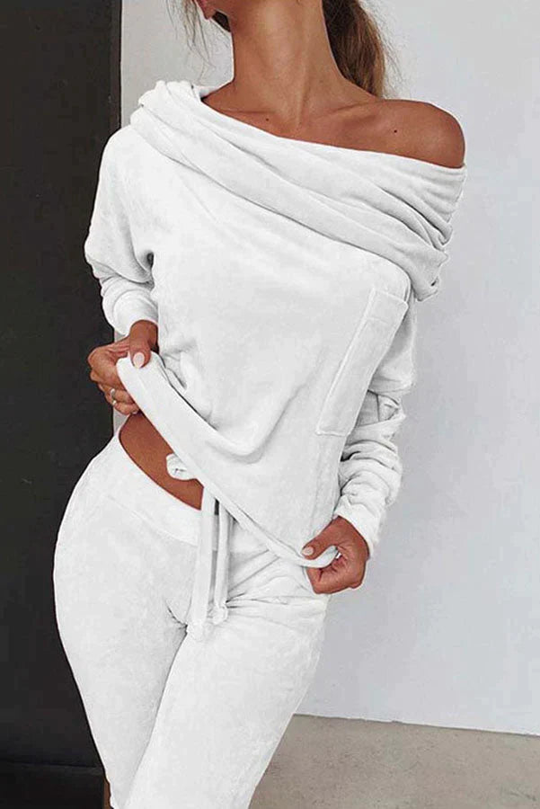 Comfy and Chic Velour Off Shoulder Pants Suit