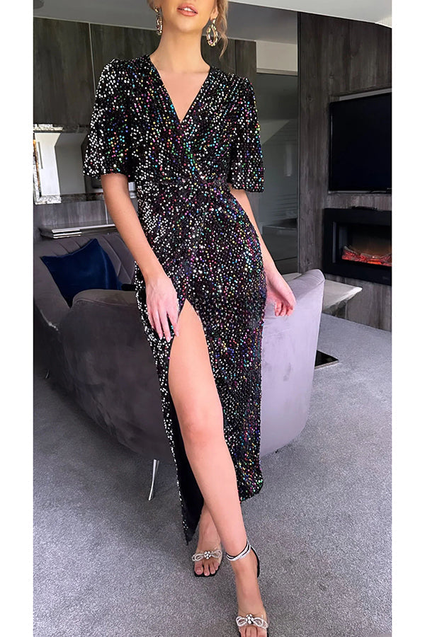 Glow All Night Sequin Bell Sleeves Slit Party Maxi Dress