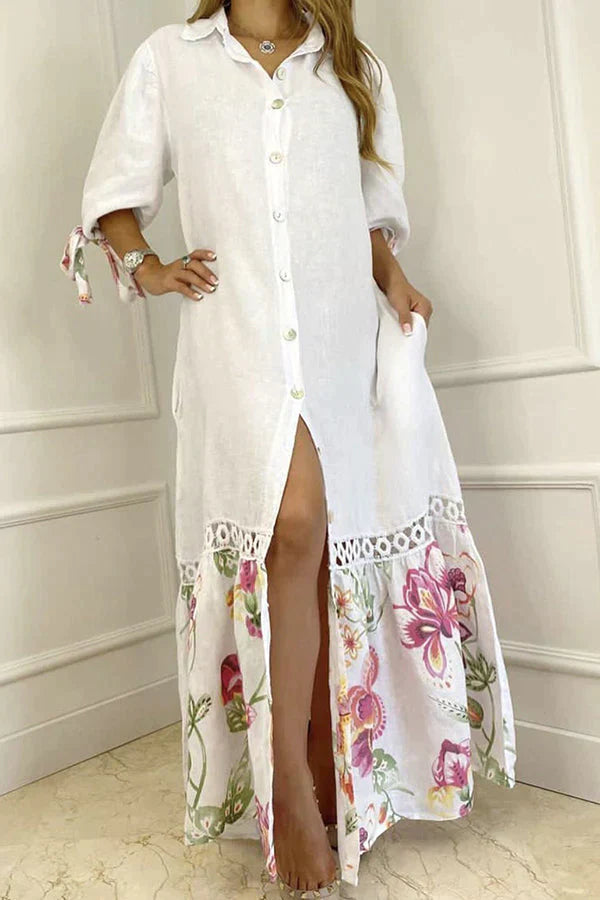 Dorris Lace Bandage Floral Print Shirt Maxi Dress