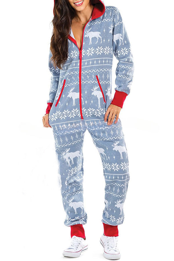 Loungewear-Overall mit Weihnachtsdruck, Reißverschlusstaschen und Kapuze