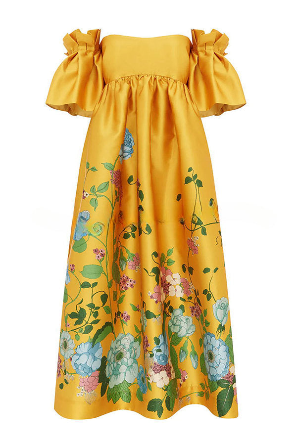 Sweetest Marigold Printed Gathered Sleeve Pocketed A-line Midi Dress