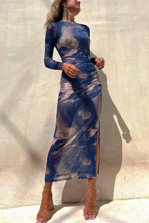 Charm Lady Mesh Overlay Tie Dye Print Long Sleeve Ruched Stretch Midi Dress